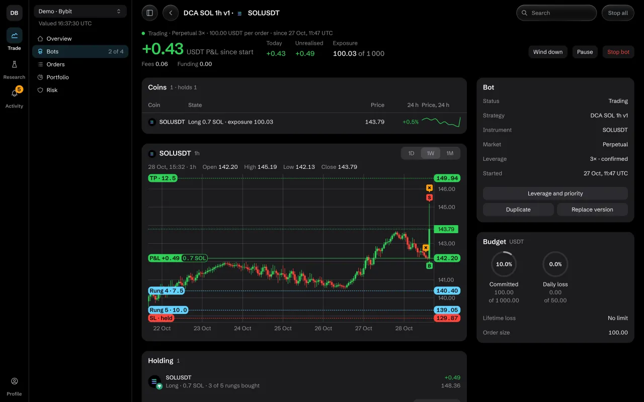 A bot on the desk: its chart with the ladder, holding, budget